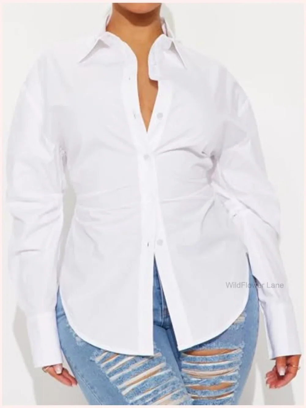 Cinched Waist Button Down Long Sleeve Blouse Office to Weekend Top